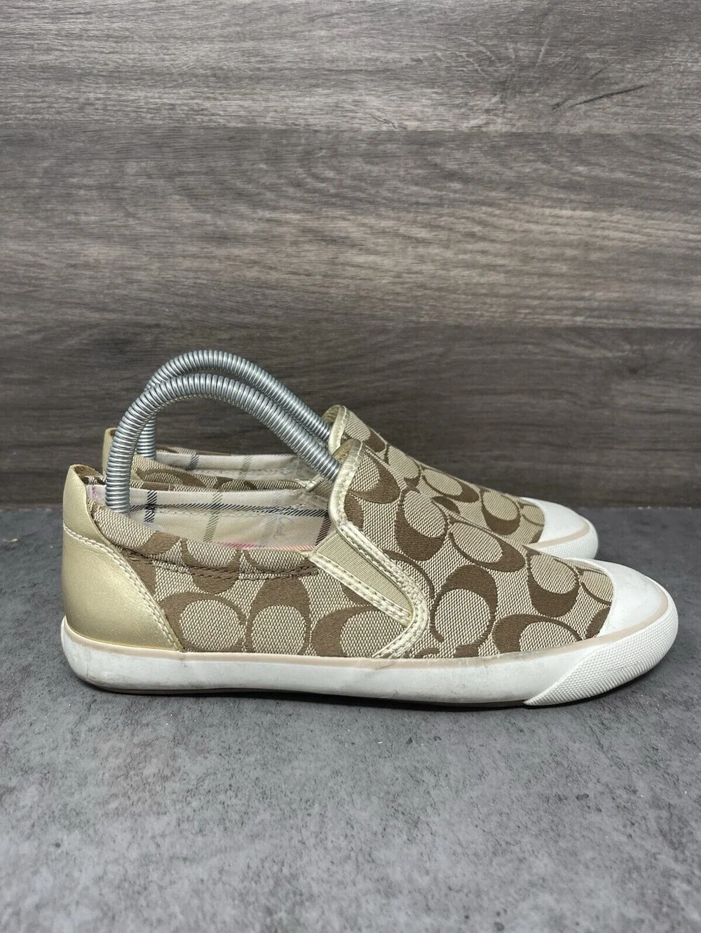 COACH Beale Slip On Shoes Womens Size 7 Gold Monogram Logo Sneakers